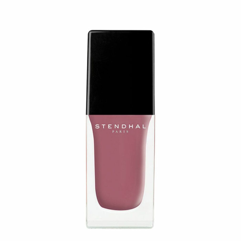 Flacone di smalto con tappo nero. Contenuto rosa, flacone in vetro trasparente. Scritta Stendhal Paris.