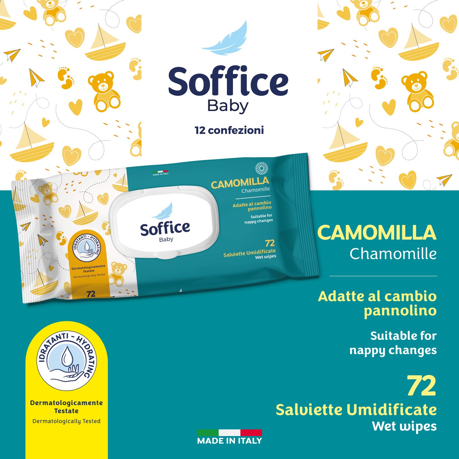Confezione di salviette umidificate per bambini. Scritta: Soffice Baby, Camomilla, 72 salviette. Dermatologicamente testato. Per il cambio.