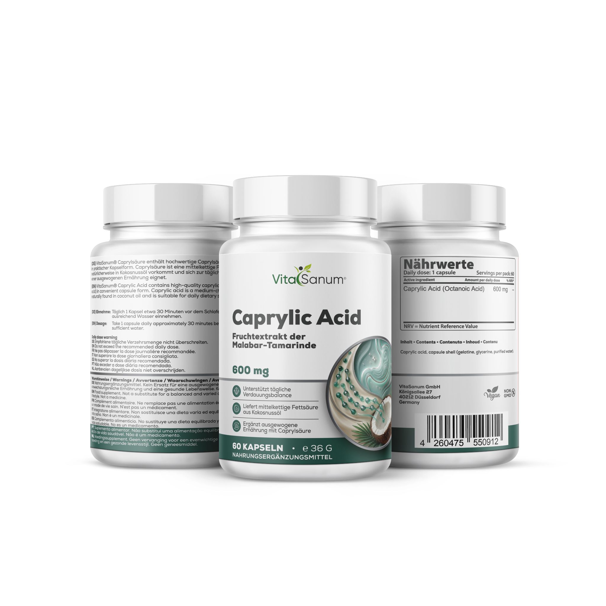 Tre contenitori VitaSanum Caprylic Acid 600 mg. Uno davanti, due dietro. Etichette con informazioni sul prodotto e nutrizionali.