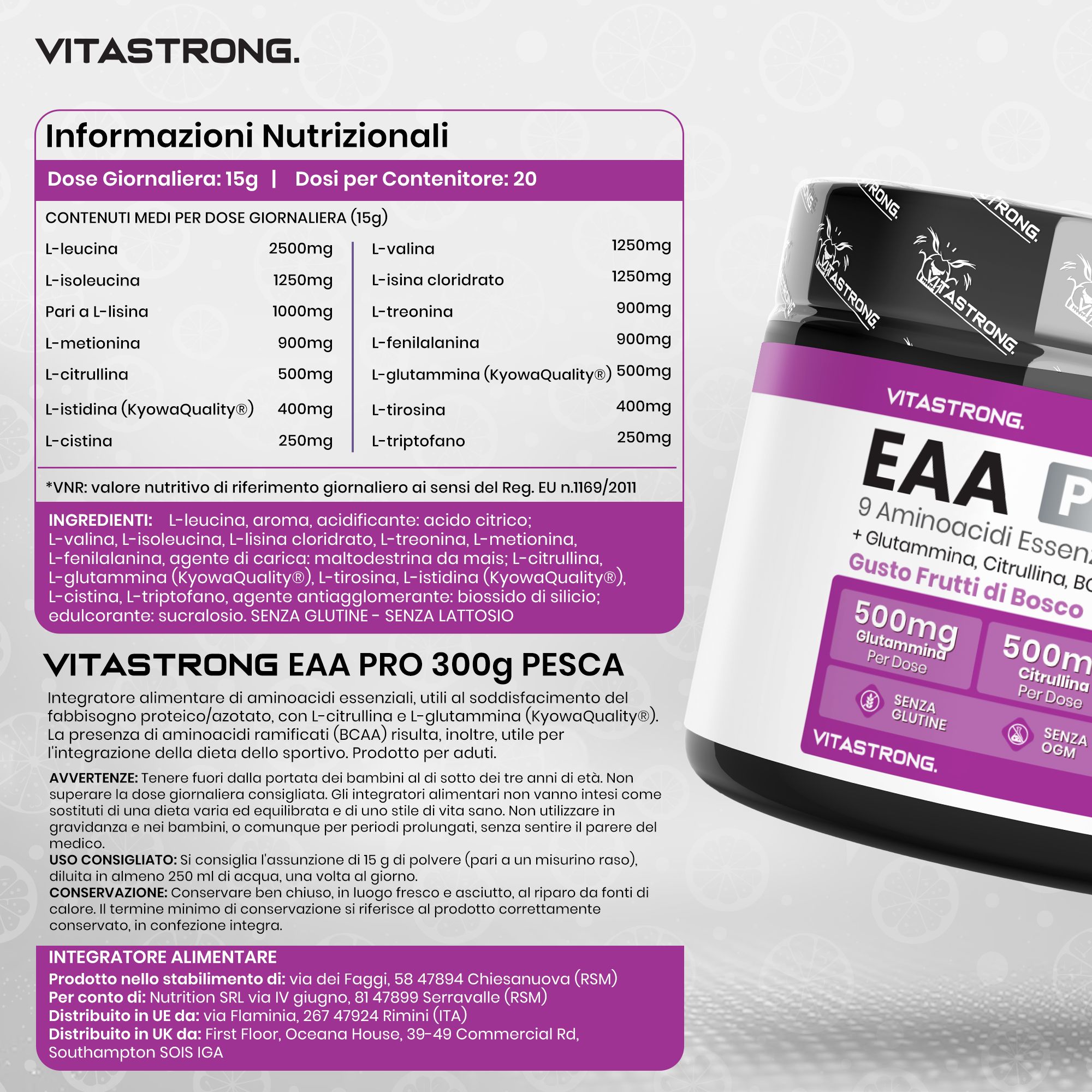 Barattolo Vitastrong EAA Pro e altri prodotti. Testo: 9 aminoacidi essenziali, BCAA 2:1:1, Citrullina.