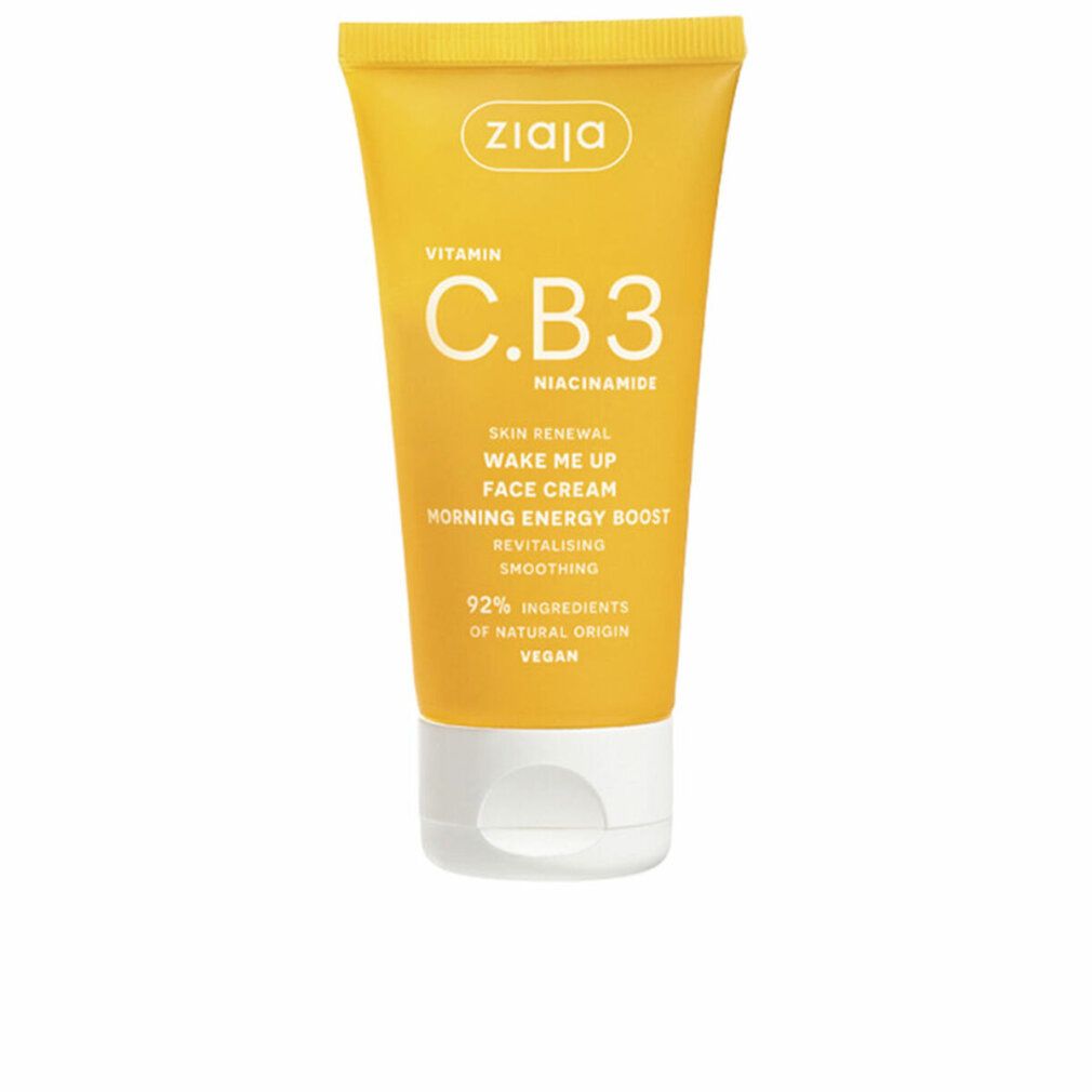 Tubo giallo con tappo bianco. Scritta: Ziaja Vitamina C.B3. Testo: Skin Renewal, Wake Me Up Face Cream, Morning Energy Boost.
