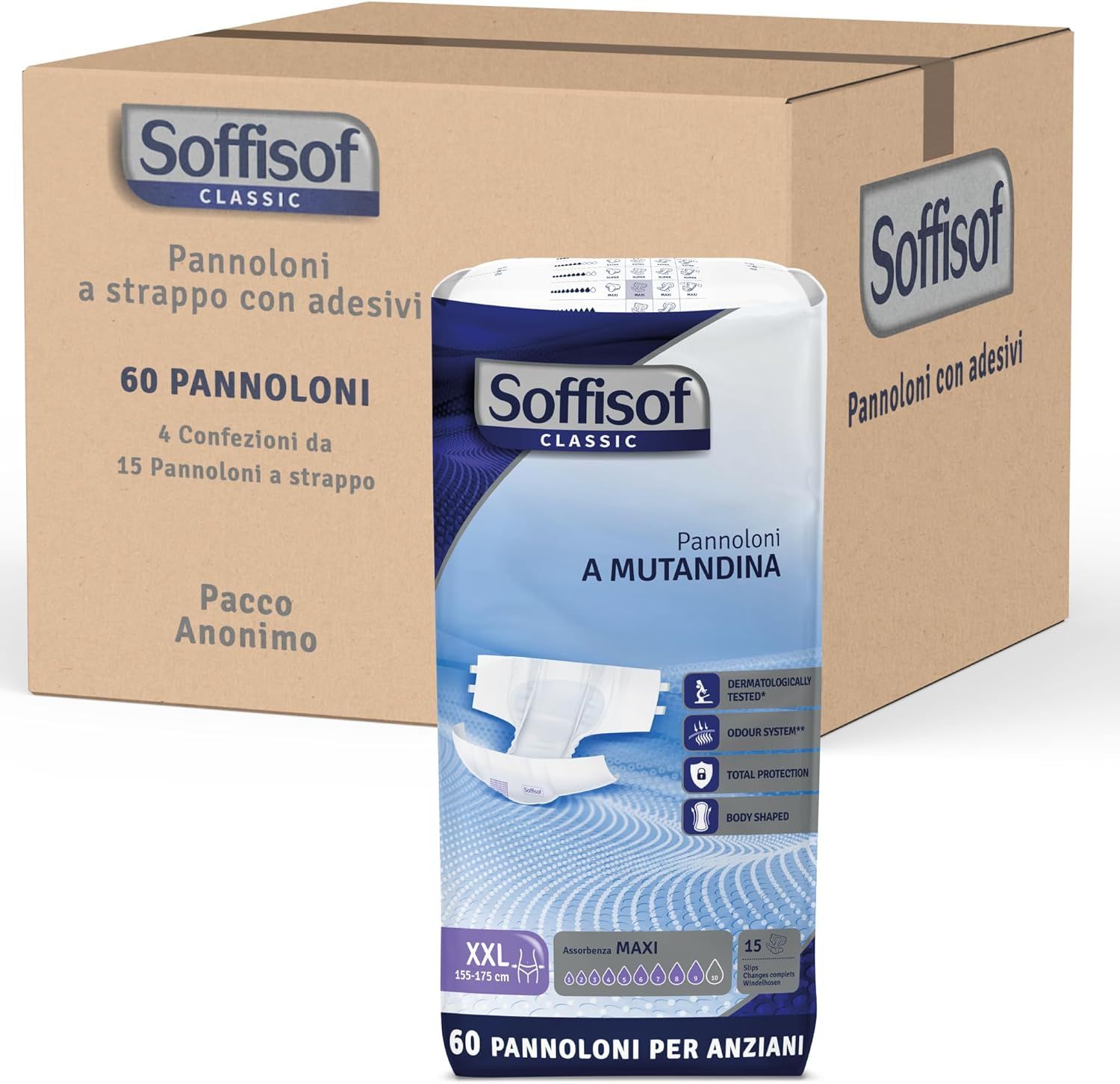 Soffisof Classic Pannoloni A Mutandina Maxi, 60 pezzi. Scatola e confezione con immagine del prodotto.