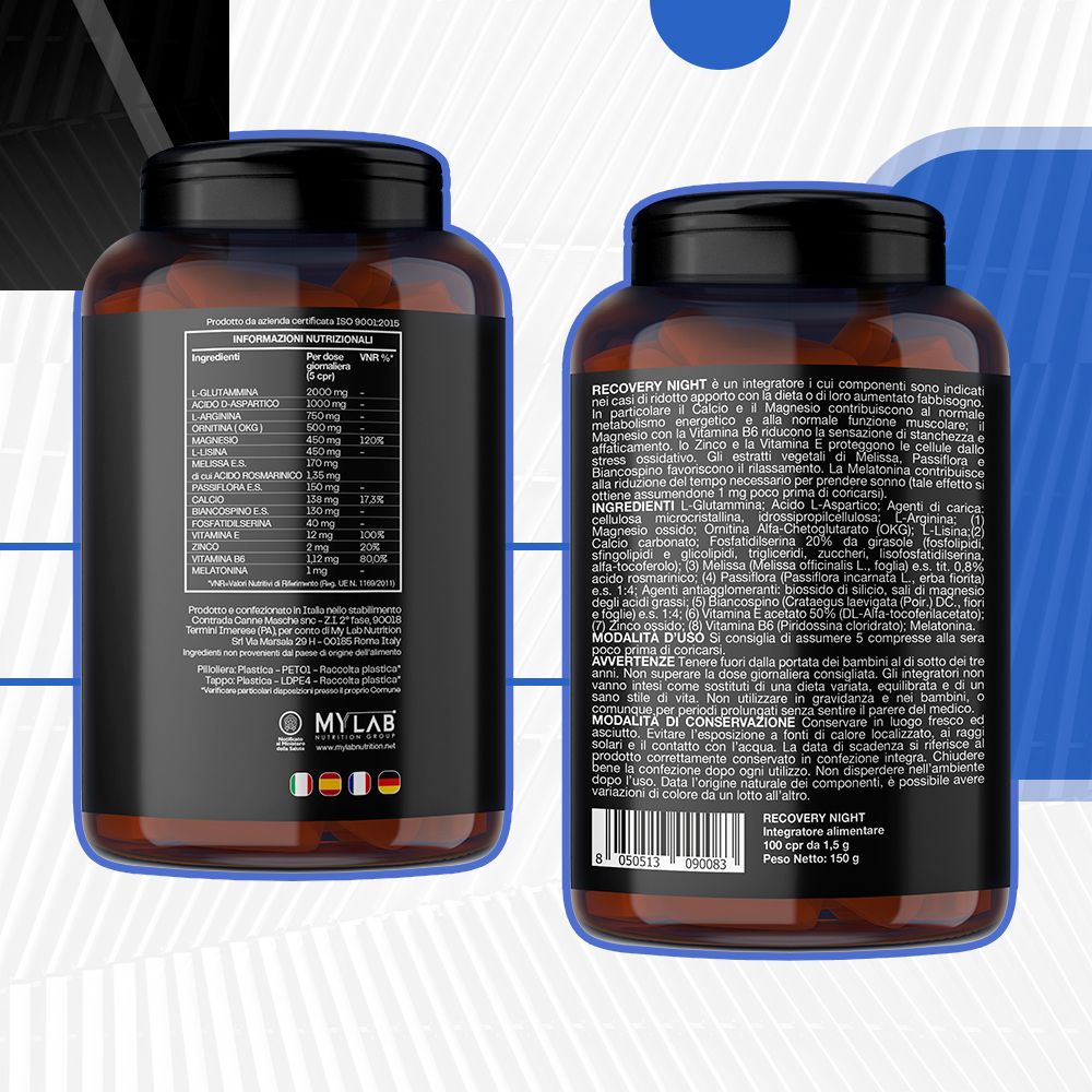 Due flaconi di capsule. Scritta: RECOVERY NIGHT. Etichette con informazioni nutrizionali e ingredienti. MYLAB.