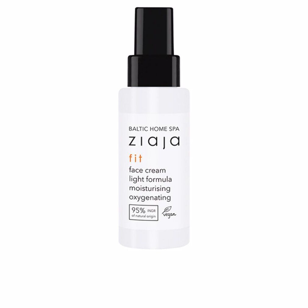 Flacone bianco Ziaja Baltic Home Spa Fit. Tappo nero. Scritte: fit, face cream, light formula, moisturising, oxygenating. 95% ingredienti naturali.