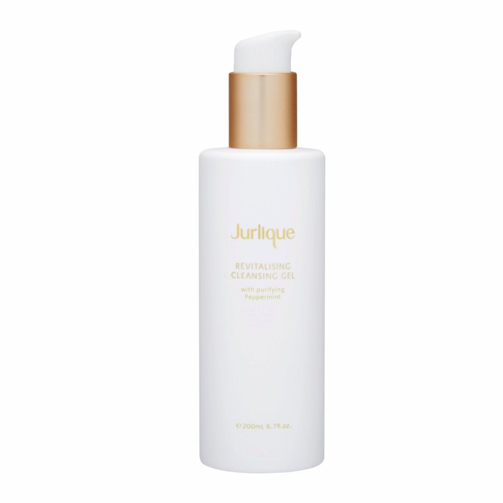 Flacone bianco con erogatore dorato. Scritta: Jurlique, Revitalising Cleansing Gel. Con menta piperita. Sotto: 200ml, 6.7fl. oz.