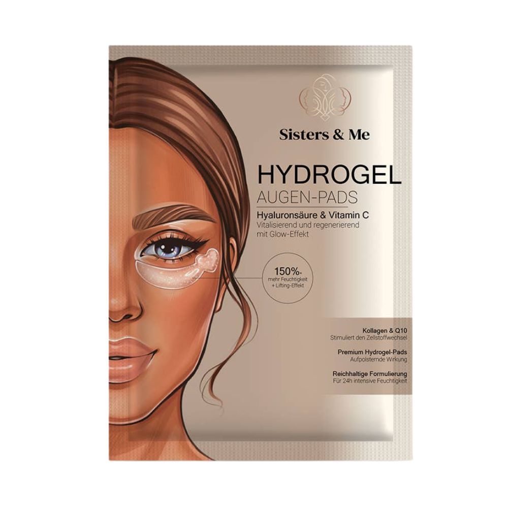 Confezione di cuscinetti idrogel per occhi. Scritta: Sisters & Me, Hydrogel Augen-Pads con acido ialuronico e vitamina C. Illustrazione di un viso.