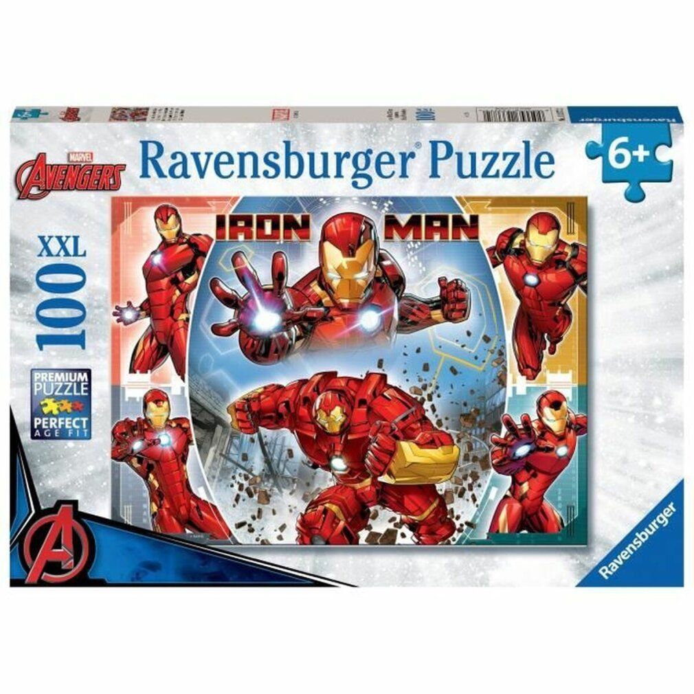 Scatola puzzle con Iron Man. Contiene 100 pezzi. Marchio Ravensburger. Età 6+. Logo Marvel Avengers.