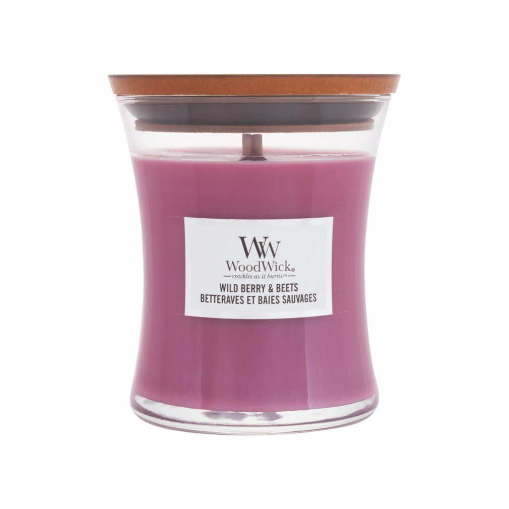Candela a clessidra con coperchio in legno. Etichetta "WoodWick" e "Wild Berry & Beets". Cera viola.