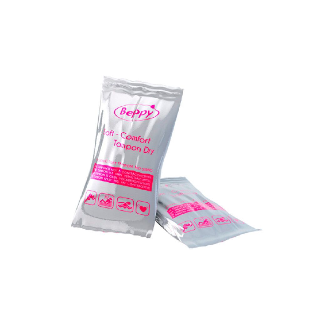 Due Beppy Soft & Comfort Tampon Dry in confezione di alluminio. Scritta rosa, sfondo bianco. Nome del prodotto visibile.
