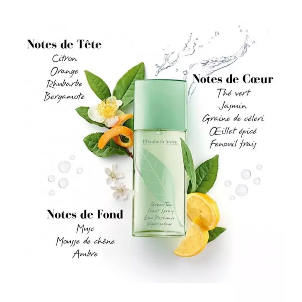 Composizione del prodotto. Flacone, limone, foglie, fiori, gocce d'acqua. Testo: note di testa, di cuore e di fondo. Elizabeth Arden.