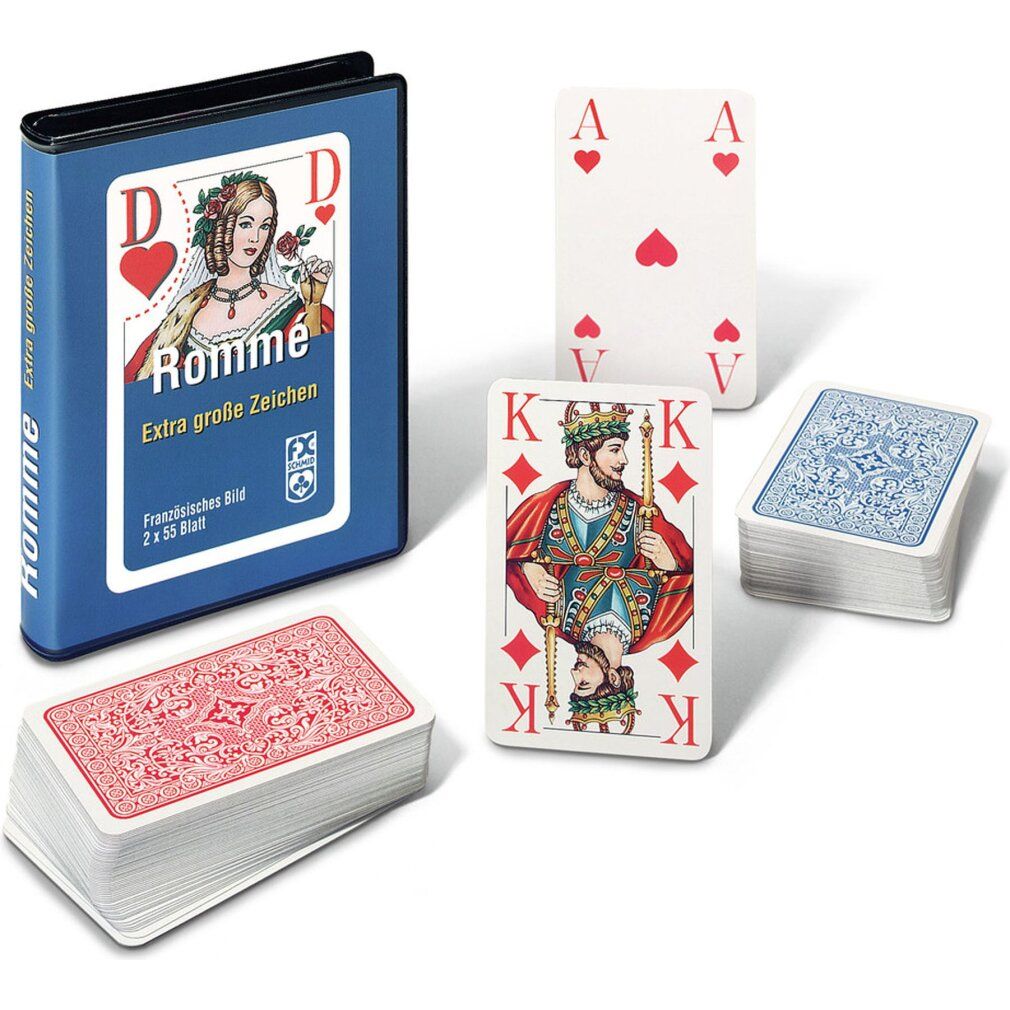 Set di carte con custodia blu, mazzi e carte singole. Stampa: Rommé, Extra große Zeichen.