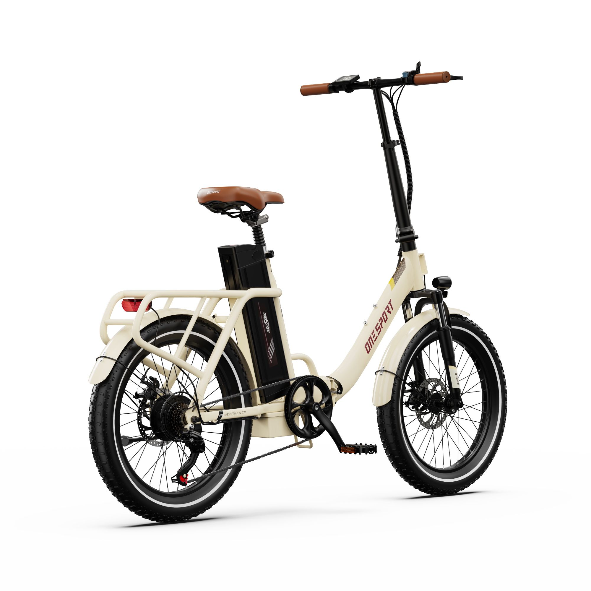 Bicicletta elettrica beige, sella e manubrio marroni. Logo ONESPORT. Pneumatici neri e batteria.