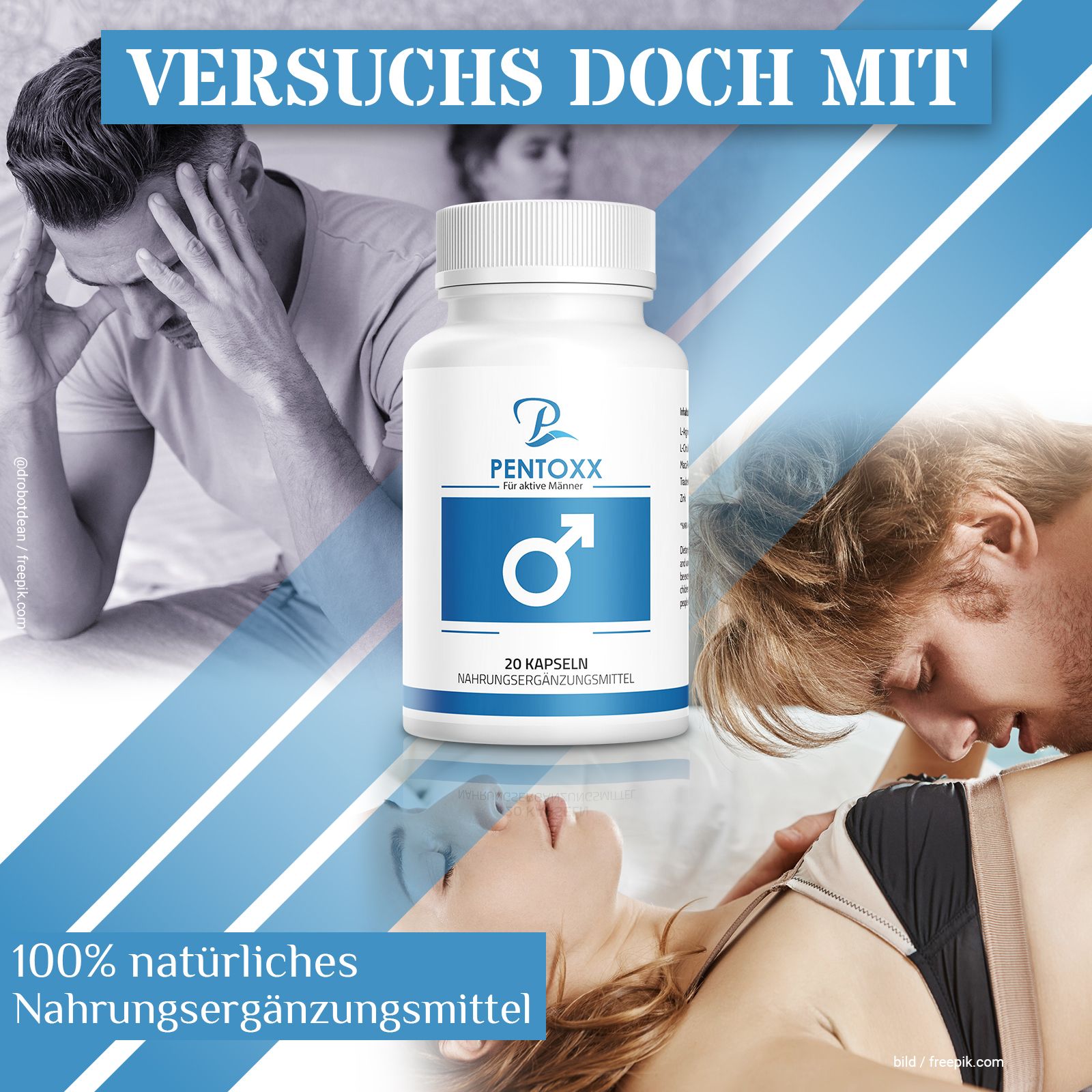 Flacone PENTOXX. Scritta: 20 capsule. Integratore alimentare. Immagine di coppie. Testo: Integratore alimentare naturale al 100%.