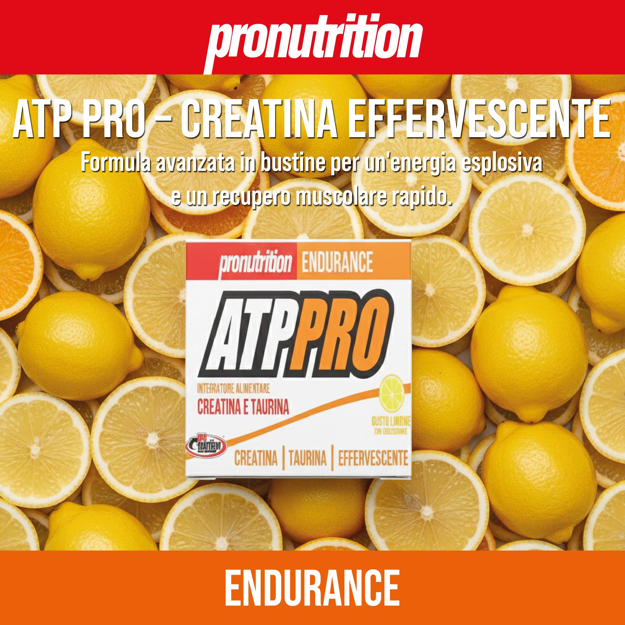 Confezione prodotto con testo ATP PRO - Creatina Effervescente. Sfondo con fette di limoni e arance.