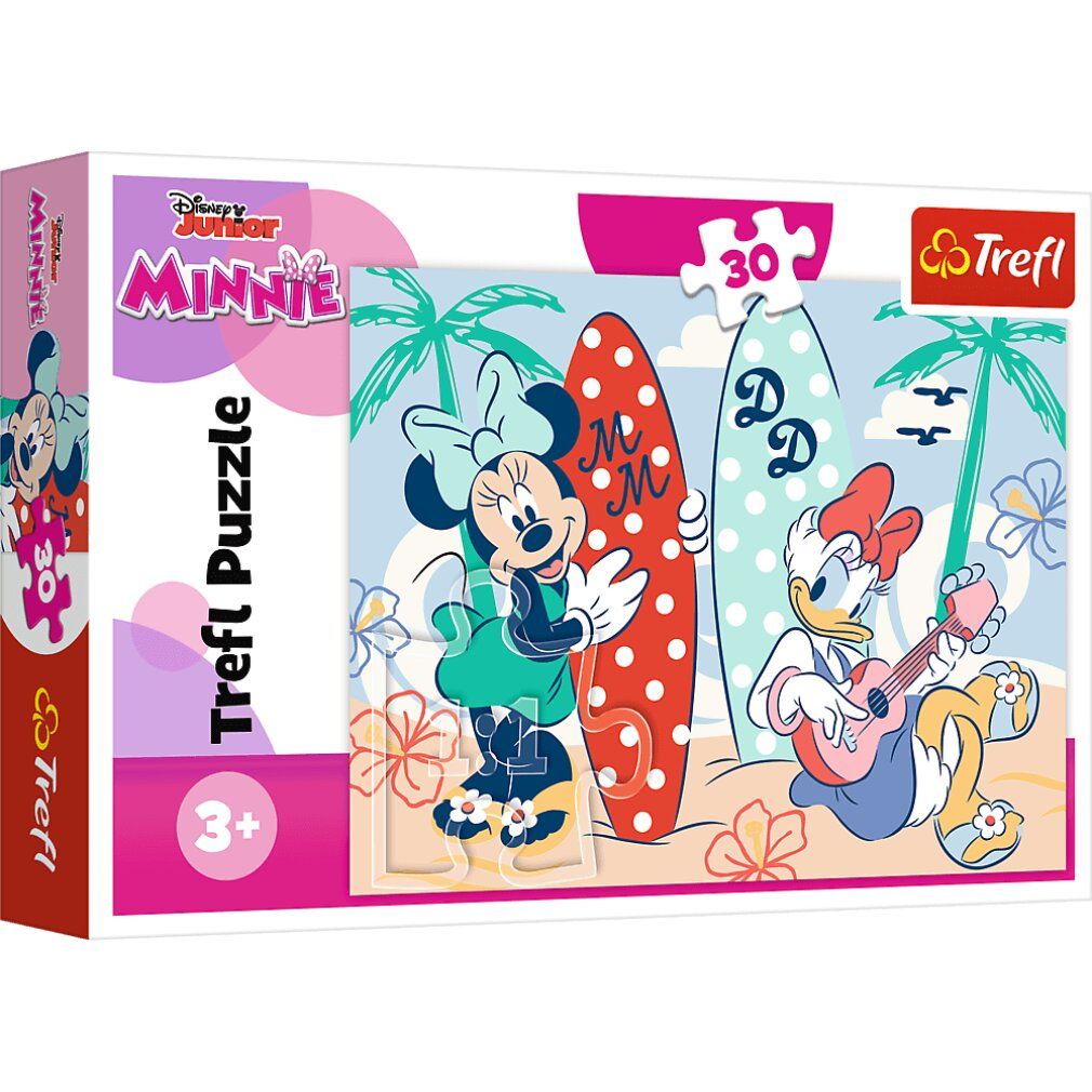 Puzzle Trefl Minnie, 30 pezzi. Confezione con Minnie e Paperina sulla spiaggia. Logo Disney Junior.