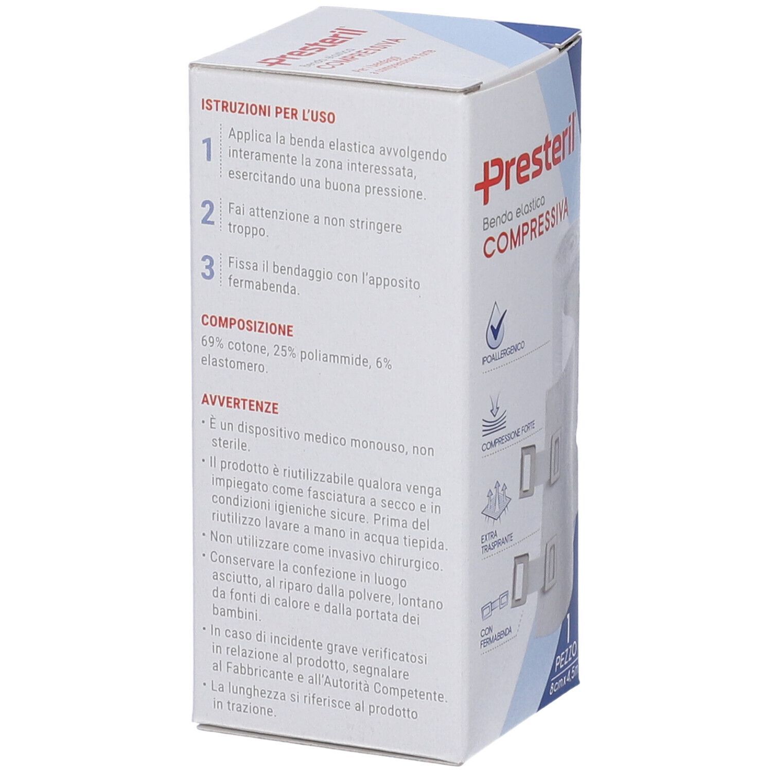 Confezione di Presteril Benda Elastica Compressiva. Istruzioni e composizione. 8cm x 4,5m.