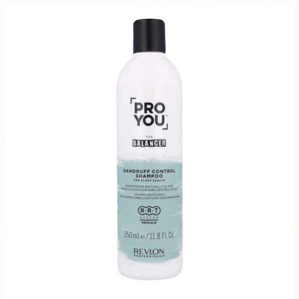 Flacone bianco, tappo nero. Scritta: Pro You The Balancer, Dandruff Control Shampoo. Marchio: Revlon.