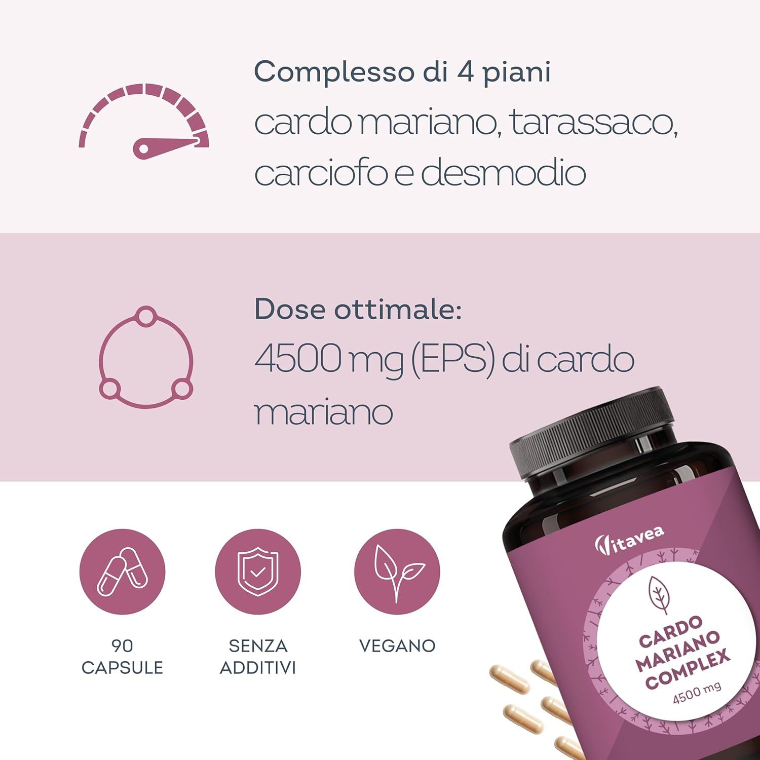 Flacone di capsule. Testo: Cardo Mariano Complex 4500 mg. 90 capsule. Senza additivi. Vegano. Complesso di 4 piante.
