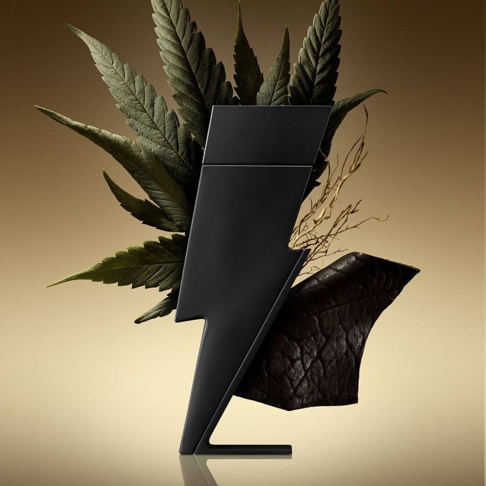 Flacone nero a forma di fulmine, circondato da foglie e rami. Sfondo dorato.