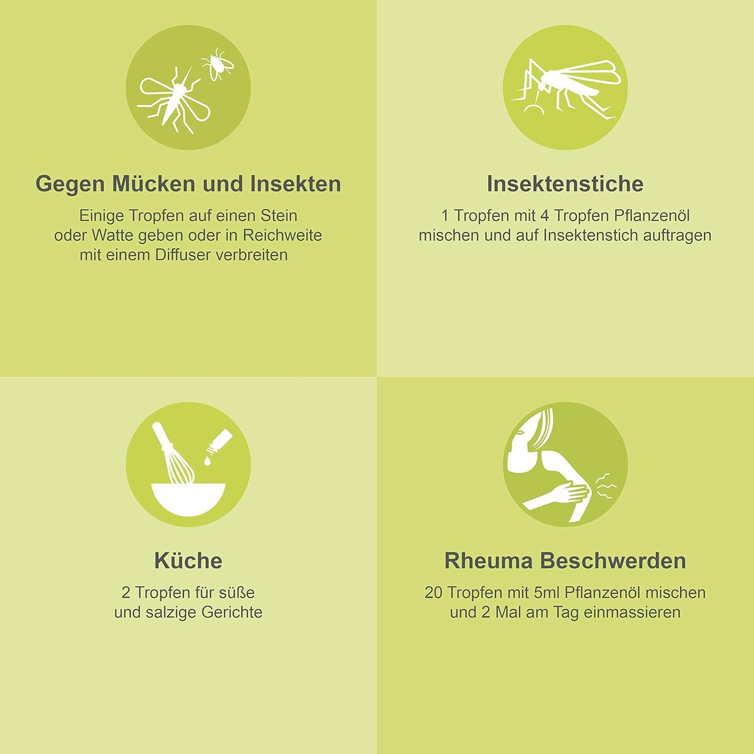Quattro grafici quadrati con esempi di utilizzo. Contro le zanzare, punture di insetti, cucina e dolori reumatici. Testo e icone.