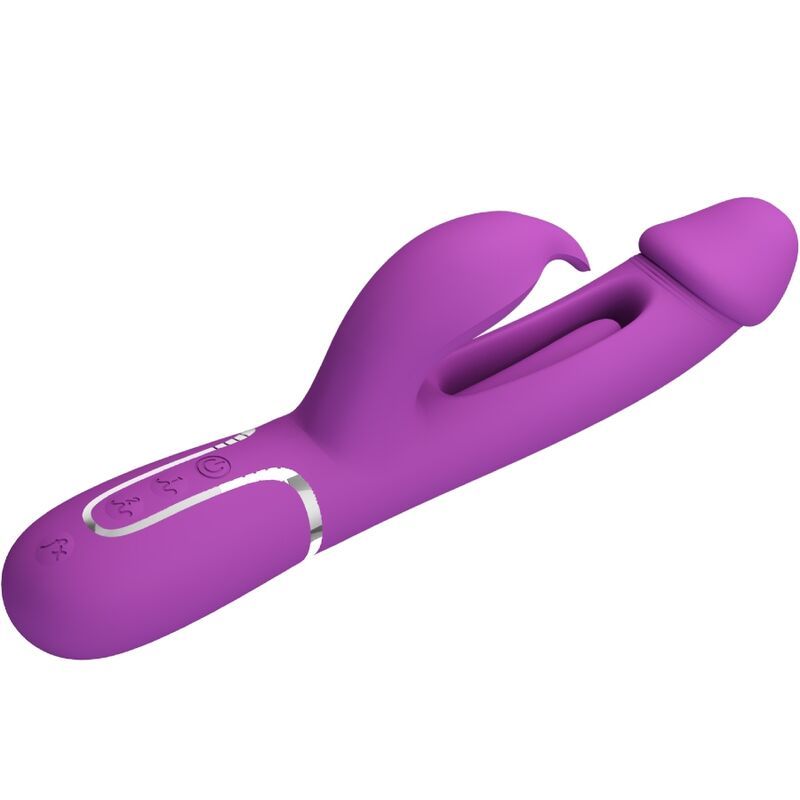 Vibratore coniglio viola, vista prospettica con controlli argentati.