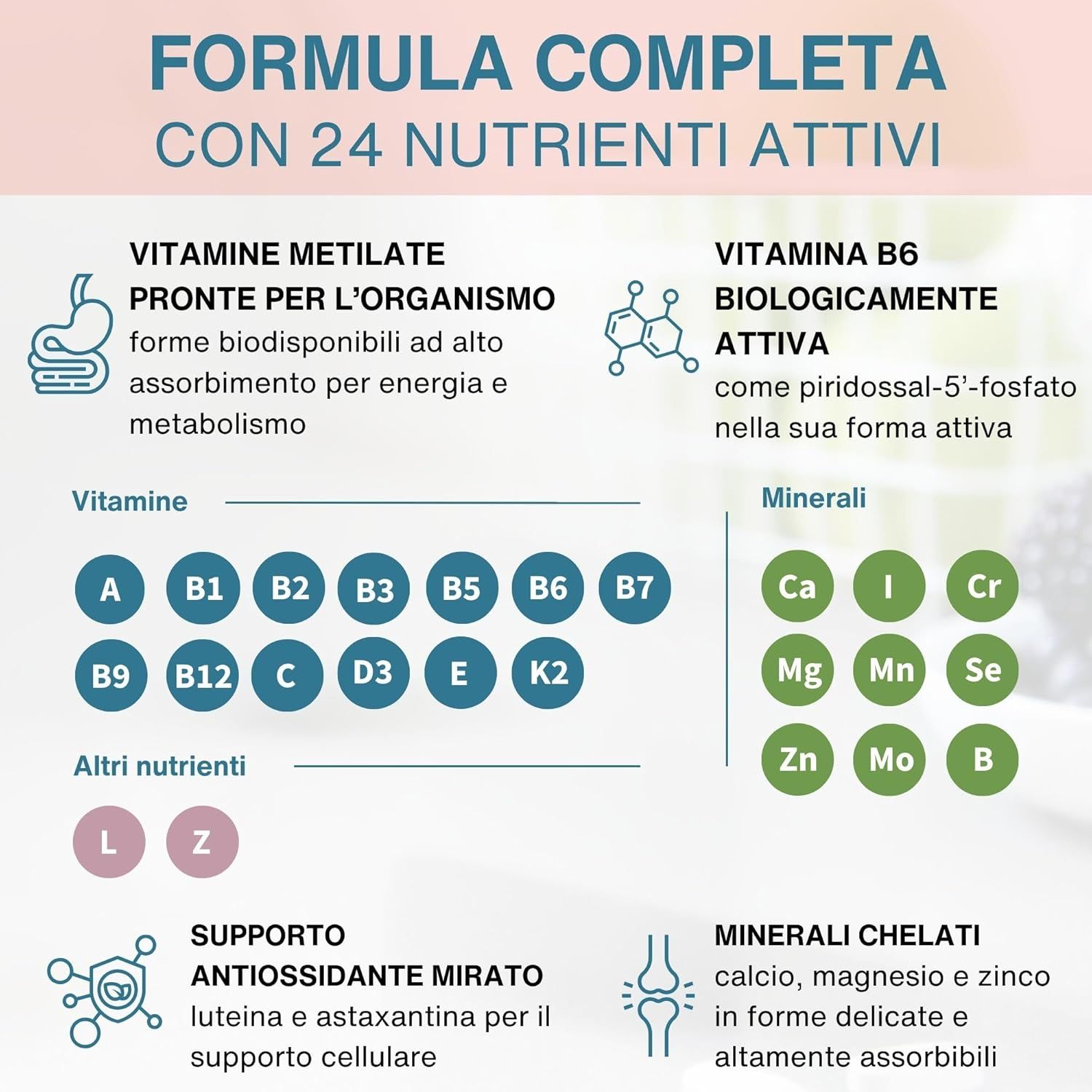 Grafico che mostra la composizione dei multivitaminici con vitamine e minerali metilati per donne over 50.