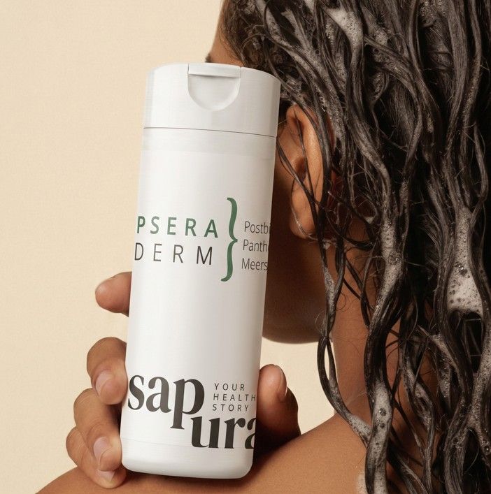 Flacone bianco con etichetta, tenuto da una persona con capelli bagnati. La schiuma è visibile.
