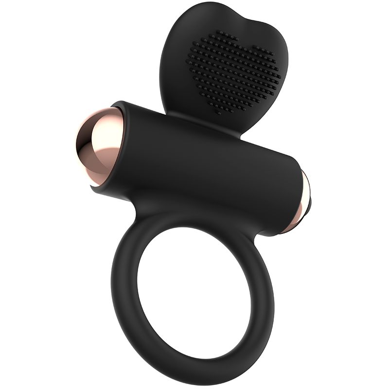 Anello vibrante per pene in silicone nero con elementi color oro rosa. Anello, testina vibrante con nodi e pulsante.