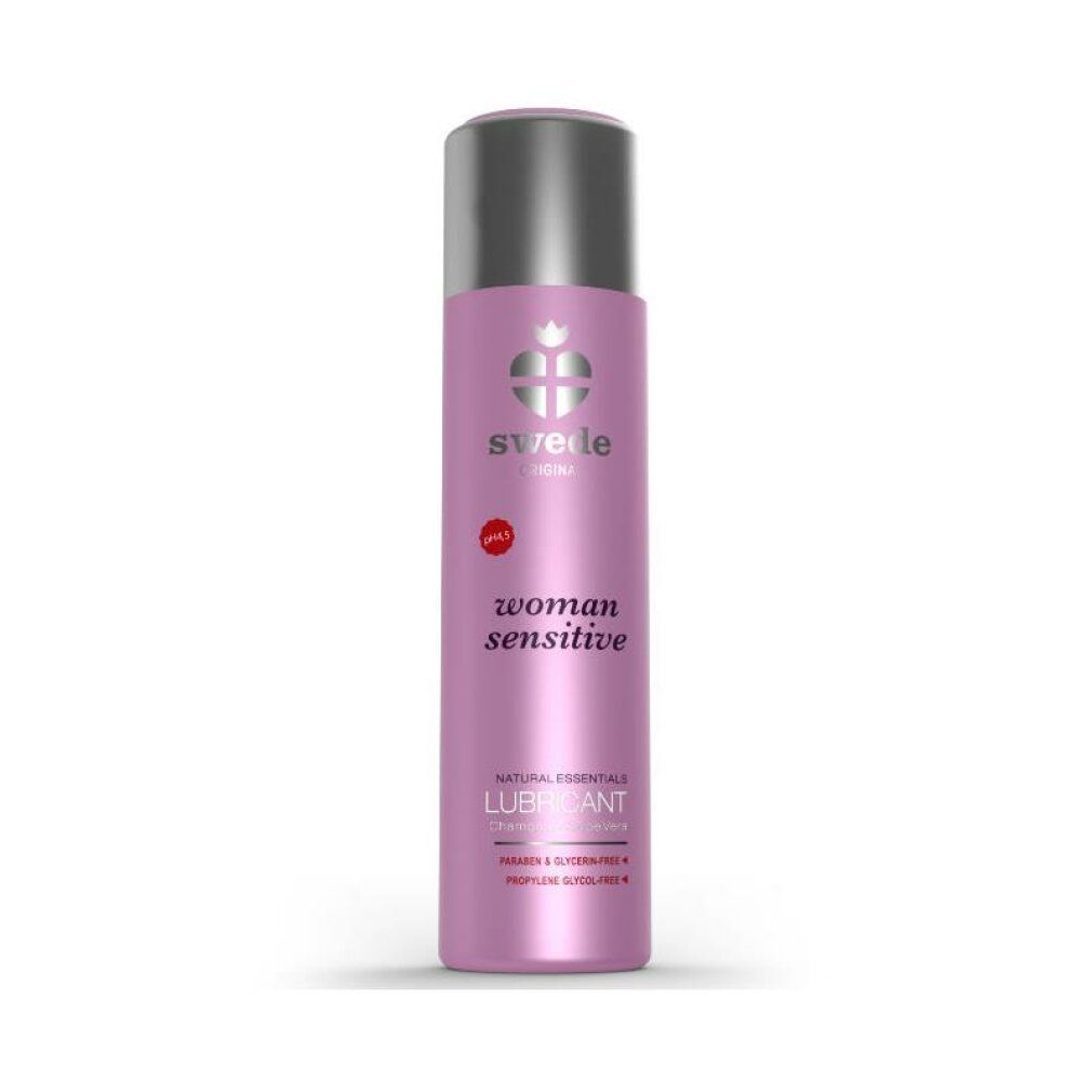 Due flaconi rosa con tappi argentati. Scritta: Swede, woman sensitive, Lubricant. pH 4.5.