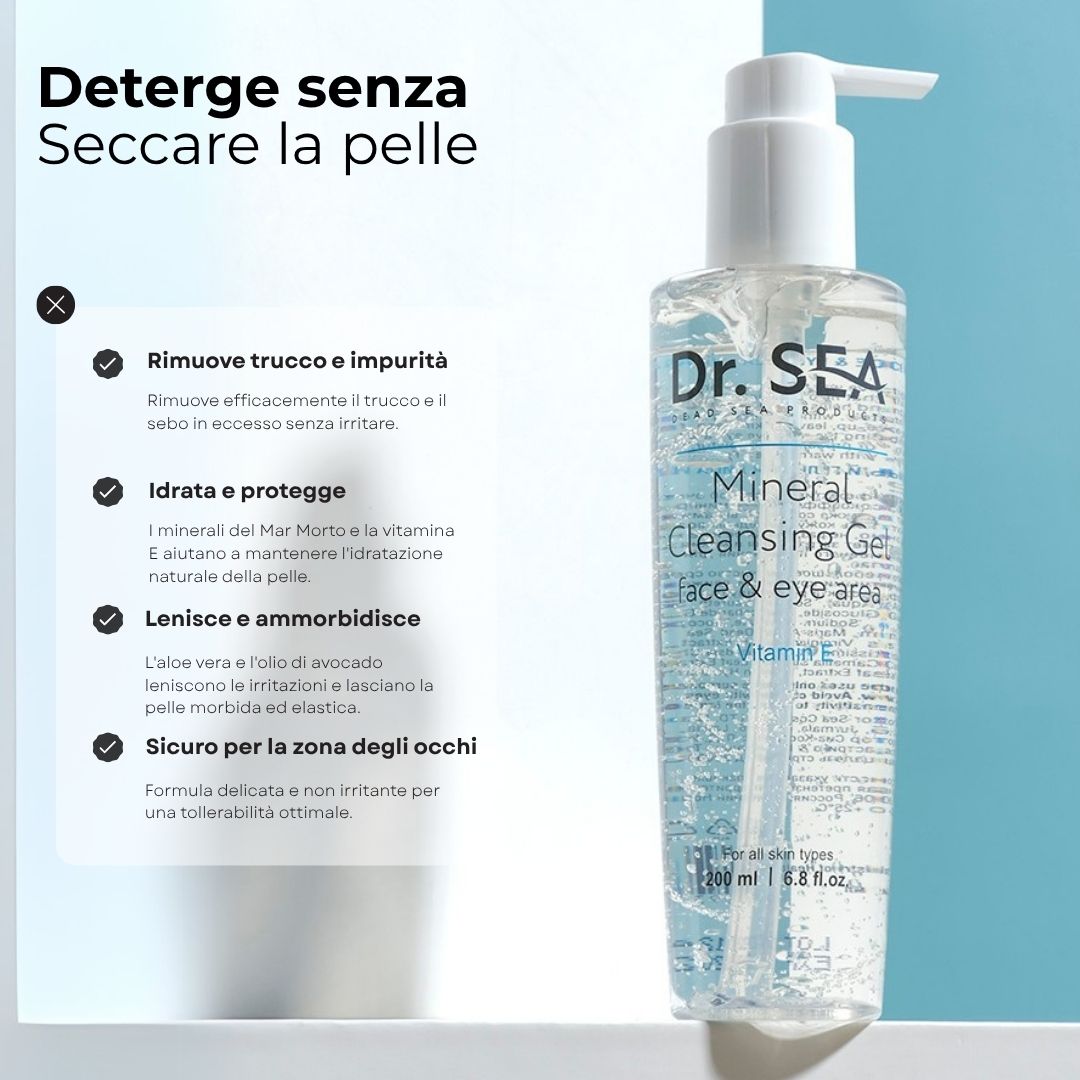 Flacone di prodotto con testo. Testo: Deterge senza seccare la pelle. Dr. Sea, Mineral Cleansing Gel, Face & eye area, Vitamina E.