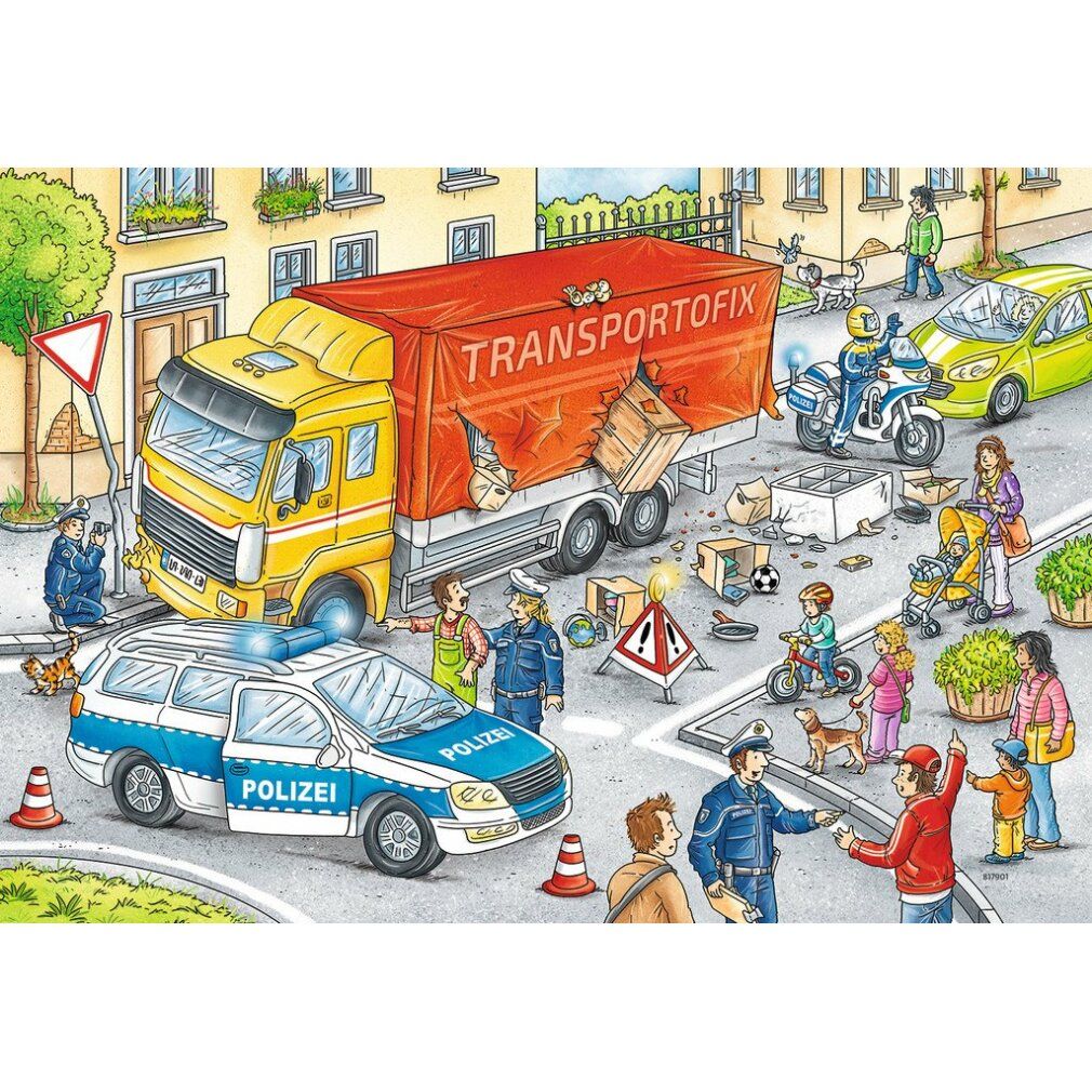 Puzzle con scene di controllo stradale. Camion giallo con telone danneggiato. Veicoli della polizia e civili. Persone interagiscono.