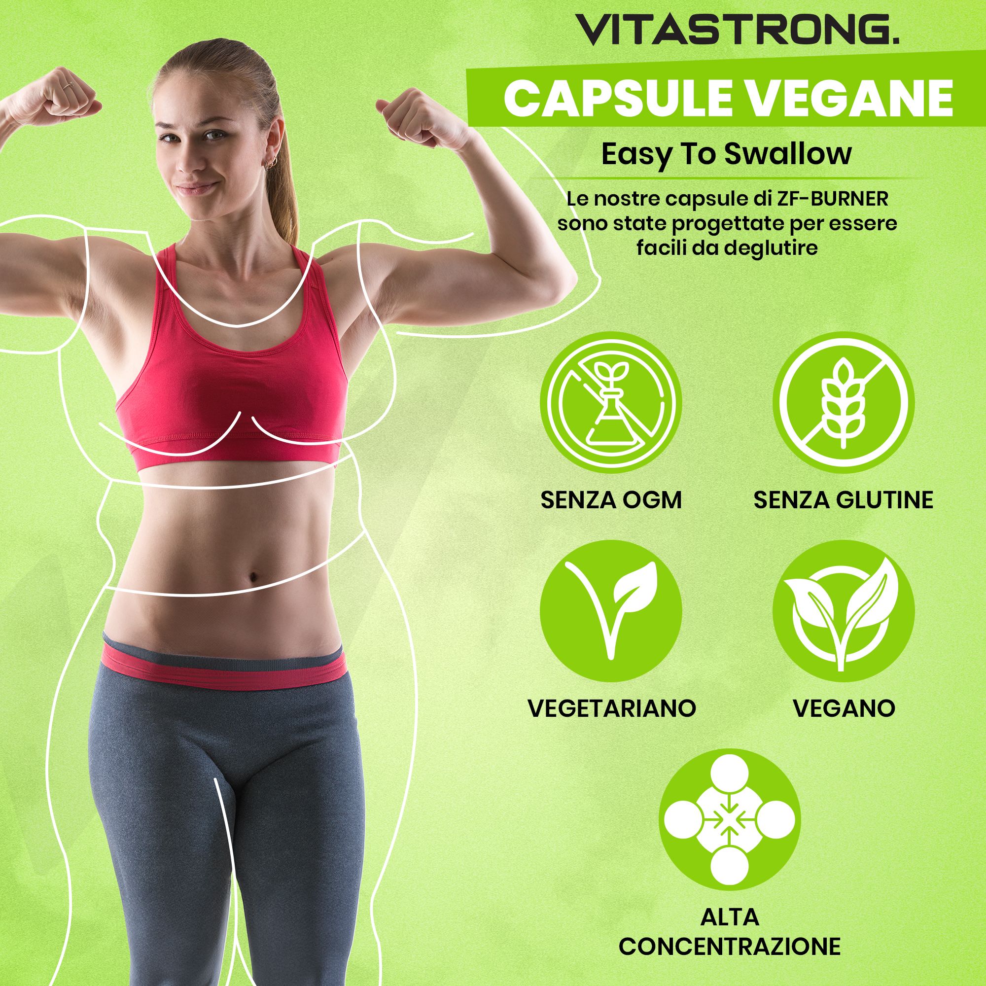Donna con braccia alzate. Testo: Capsule vegane. Simboli: Senza OGM, senza glutine, vegetariano, vegano, alta concentrazione.