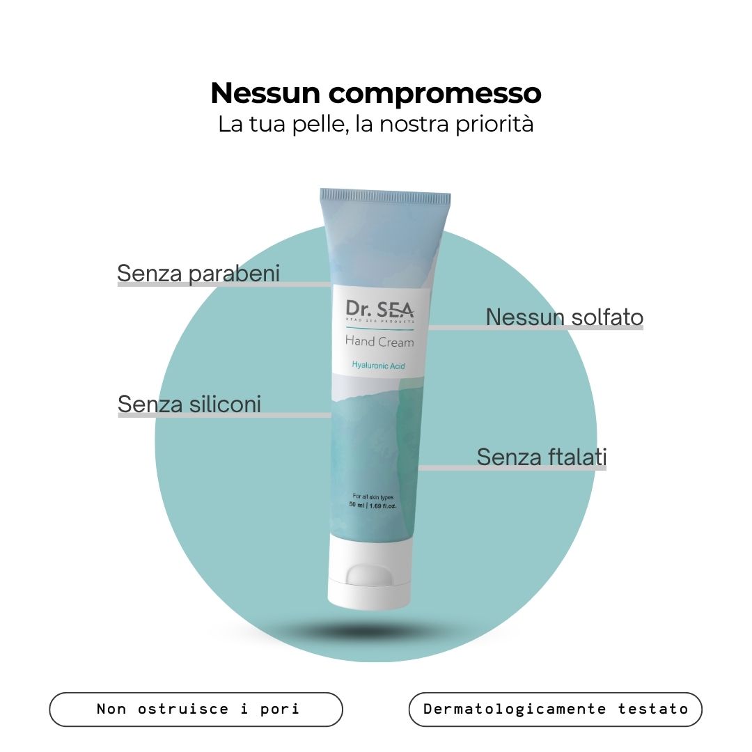 Tubo di crema mani con testo. Testo: Nessun compromesso, La tua pelle, la nostra priorità. Sfondo azzurro. Dermatologicamente testato.