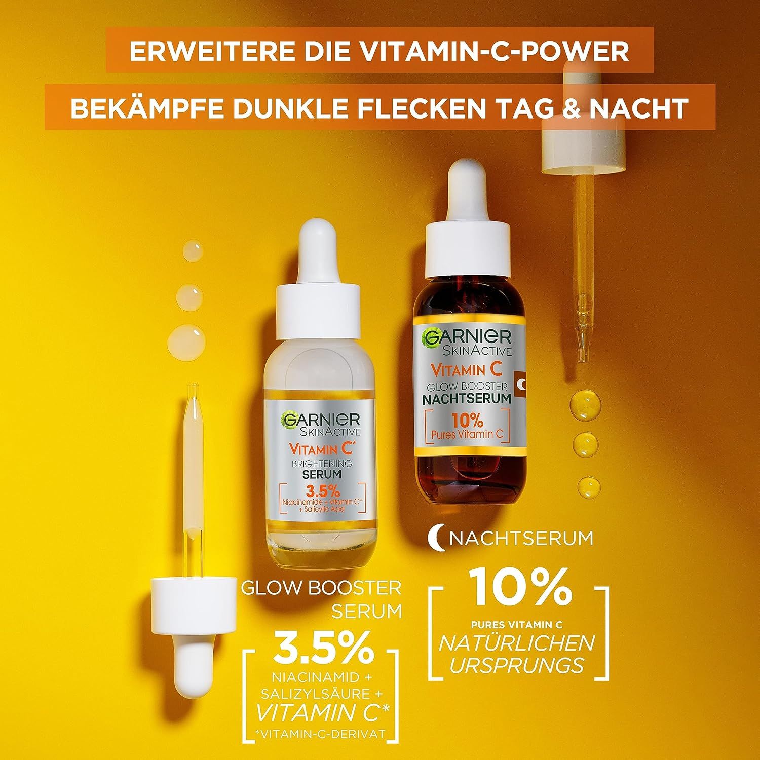 Due flaconi di siero con applicatori. Testo: Aumenta il potere della vitamina C. Garnier SkinActive.