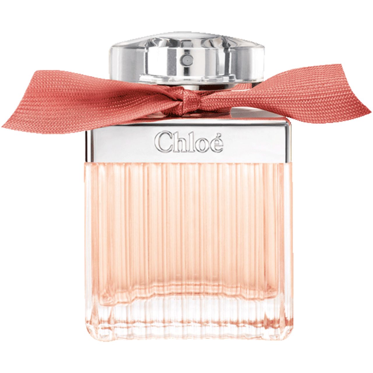 Flacone di profumo con fiocco rosa e tappo argentato. Scritta "Chloé".