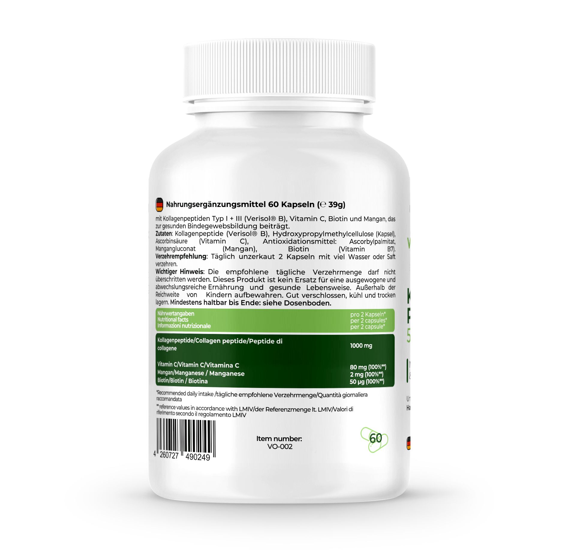 Retro del flacone bianco. Contiene informazioni sugli ingredienti, il dosaggio e le informazioni nutrizionali. 60 capsule.