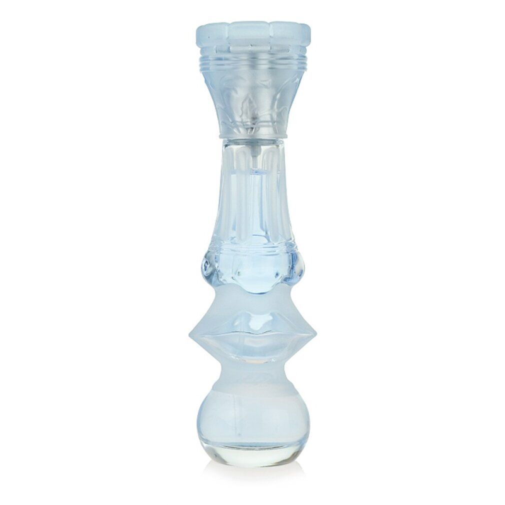 Spray Eau de Toilette azzurro chiaro. Flacone a forma di colonna con design a labbra. Flacone in vetro trasparente.