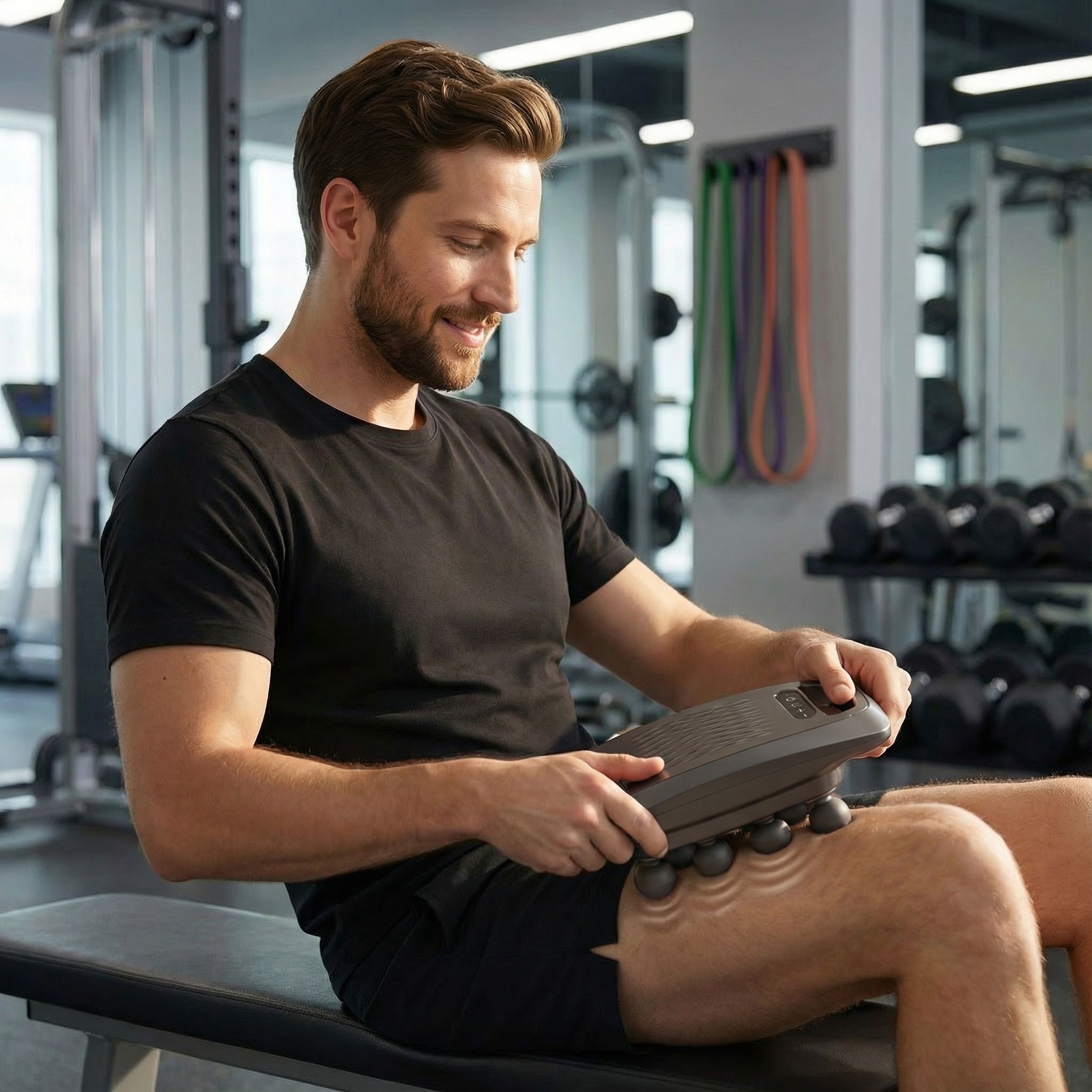 Uomo seduto che massaggia la coscia con un massaggiatore. Apparecchio grigio, con sfere. Uomo sorridente.