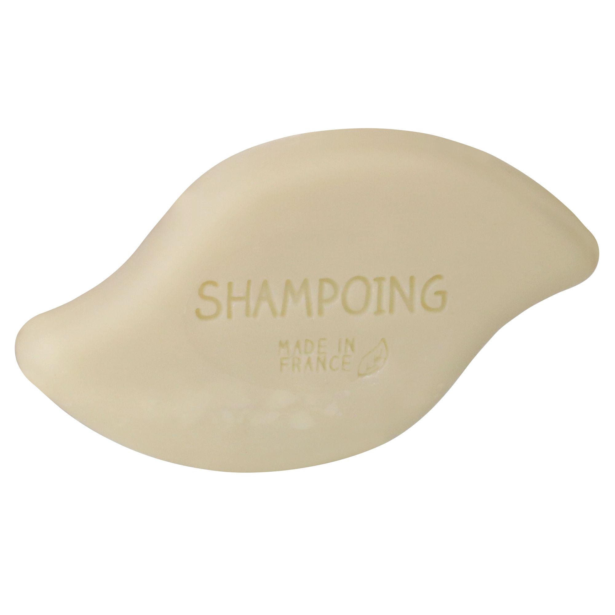 Shampoo solido giallo. Scritta: SHAMPOING, Made in France.
