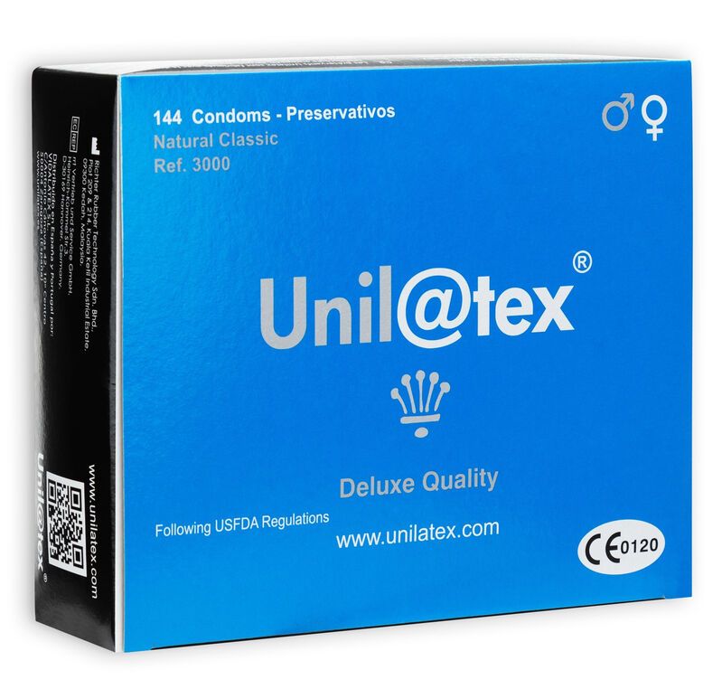 Confezione preservativi Unilatex, blu, 144 pezzi, 'Natural Classic', CE 0120.
