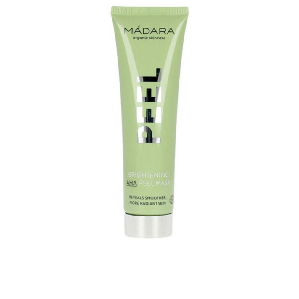 Tubo verde con testo. Marchio: MÁDARA. Testo: PEEL, Brightening AHA Peel Mask. Tappo argentato.