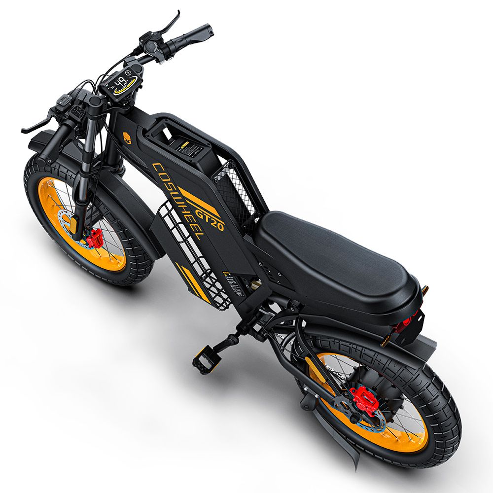 Vista dall'alto di e-bike COSWHEEL GT20 nera. Cerchi gialli, pneumatici neri. Sella, manubrio, vano batteria con scritta.