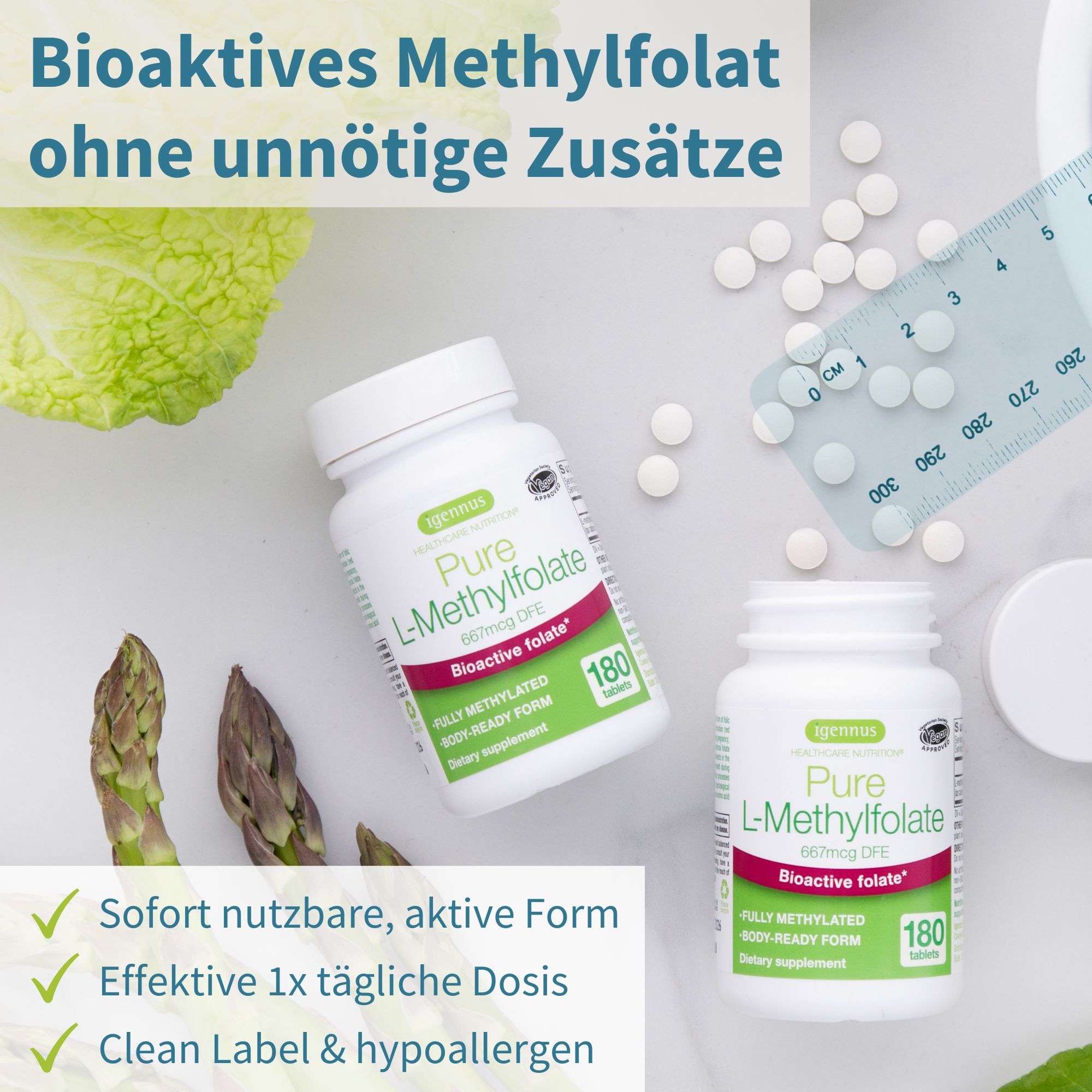 Due flaconi di Igennus Pure L-Methylfolate 400mcg, 180 compresse.