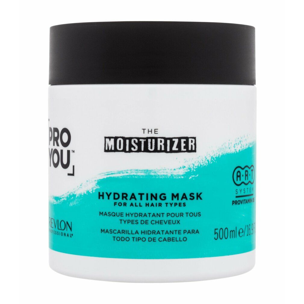 Vaso bianco con coperchio nero. Scritta: PRO YOU, THE MOISTURIZER, HYDRATING MASK. Sfondo turchese. 500ml.