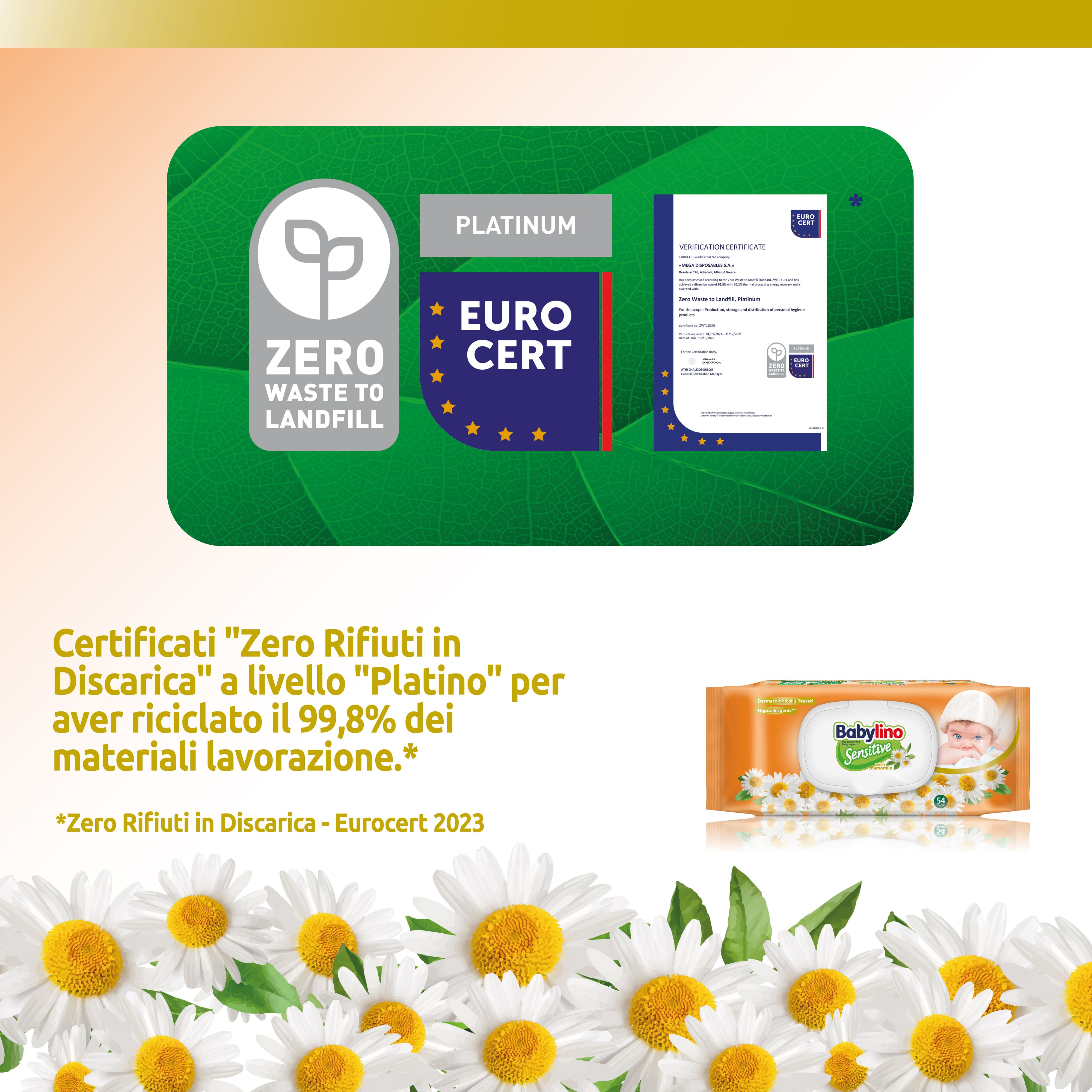 Testo: Zero Rifiuti in Discarica. Eurocert Platinum. Certificato per il riciclo del 99,8% dei materiali. Confezione sullo sfondo.