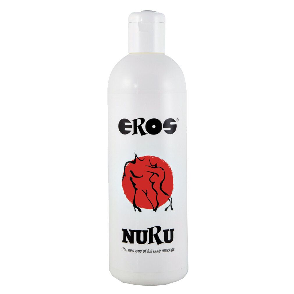 Flacone bianco con scritta nera EROS e cerchio rosso con figure. Sotto, NURU.