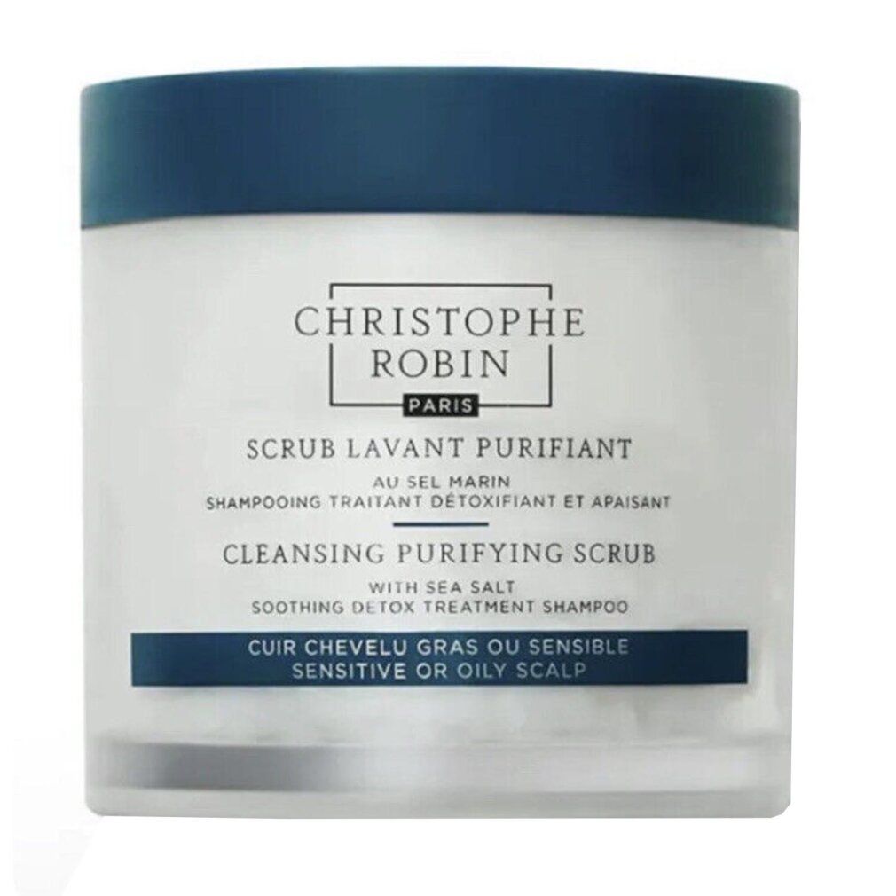 Contenitore con coperchio blu. Scritta: Christophe Robin, Scrub Lavant Purifiant, Cleansing Purifying Scrub, per cute grassa o sensibile.
