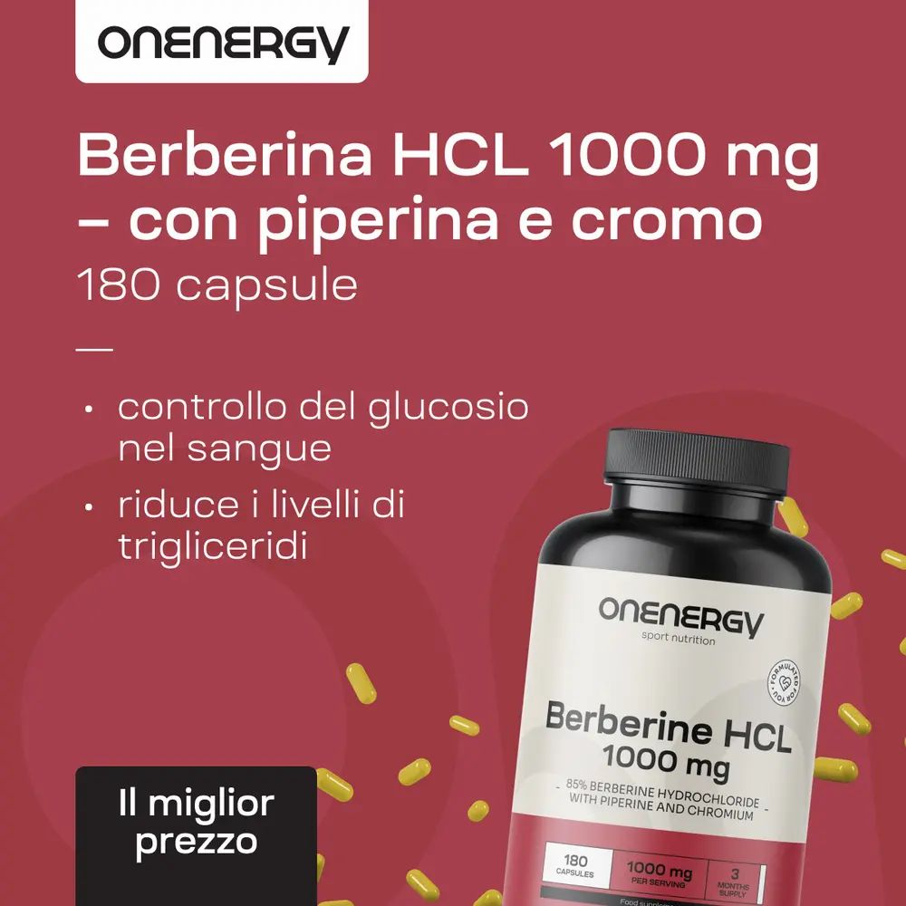 Flacone OnEnergy Berberina HCL 1000 mg. Testo: 180 capsule. Controllo del glucosio. Riduce i trigliceridi.