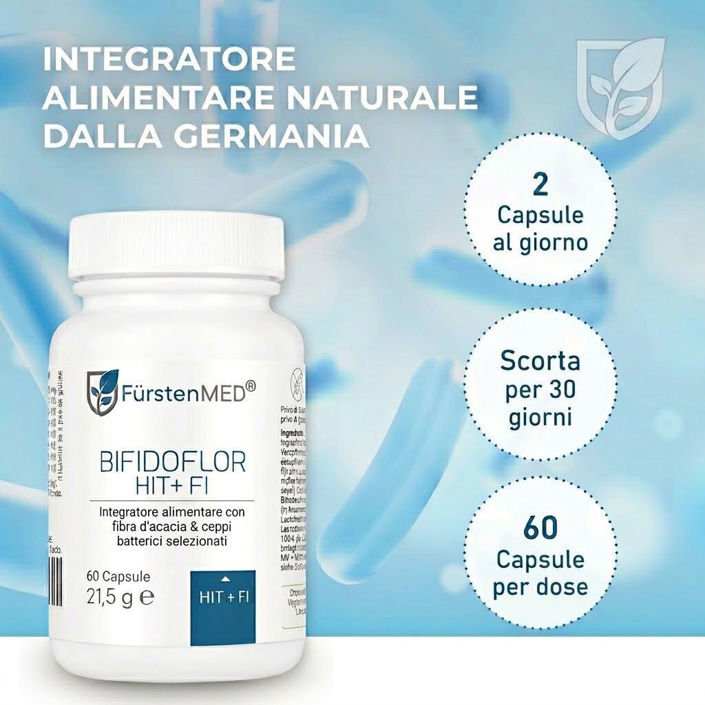 Flacone di capsule. Testo: Integratore alimentare naturale dalla Germania. Bifidoflor HIT+FI. 60 capsule. 2 capsule al giorno. Scorta per 30 giorni. Logo FürstenMED®.