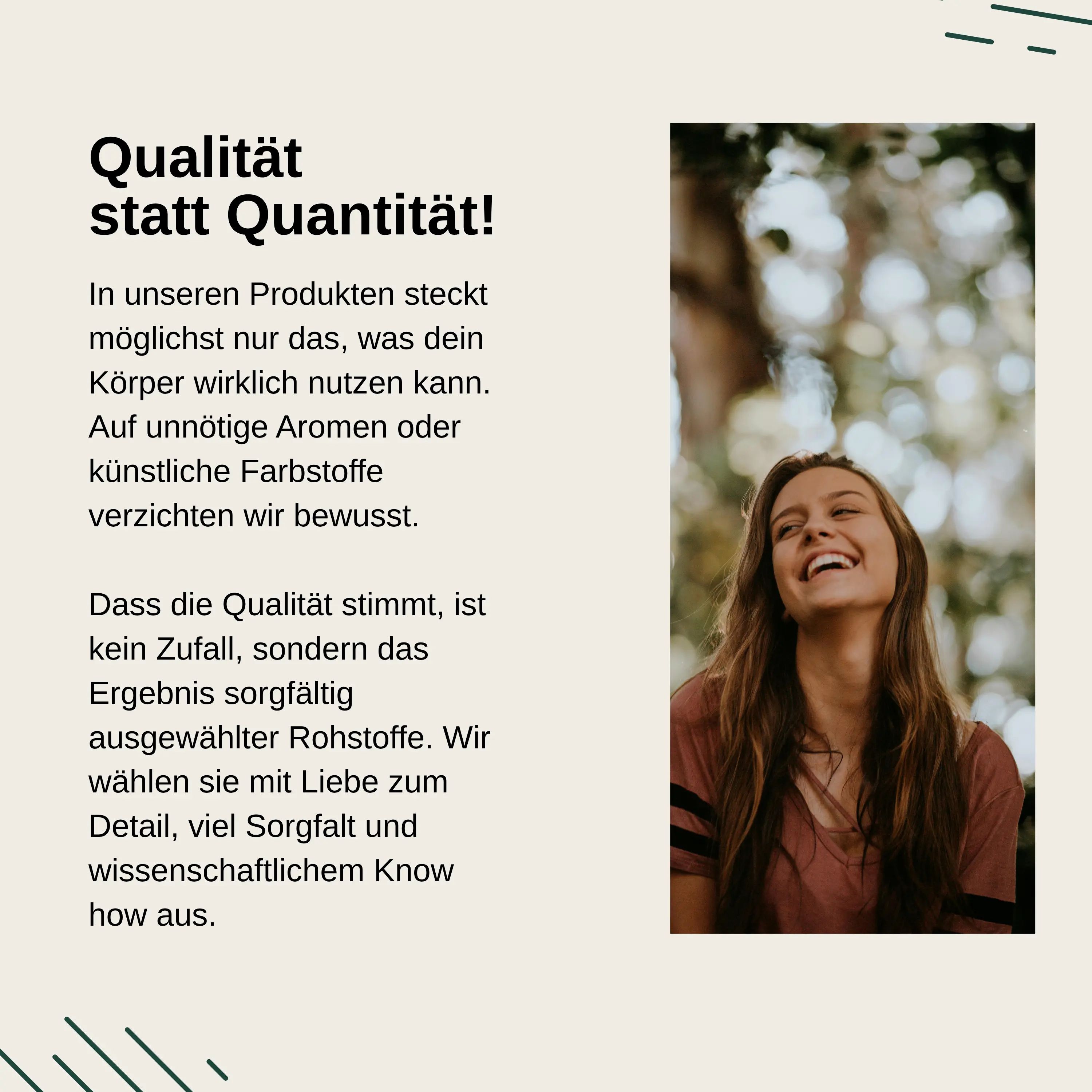 Donna sorridente all'aperto. Testo su qualità invece di quantità nei prodotti Vita Elements, focus su materie prime selezionate.